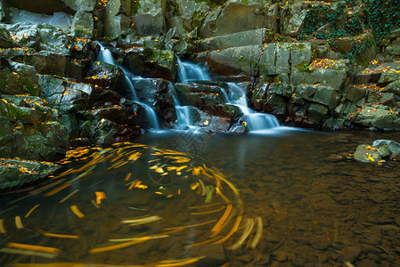 秋季森林中的溪流和瀑布图片