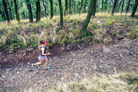 在绿色森林运动灵感和动力中跑步的运动女女越野跑者越野跑在大自然中图片