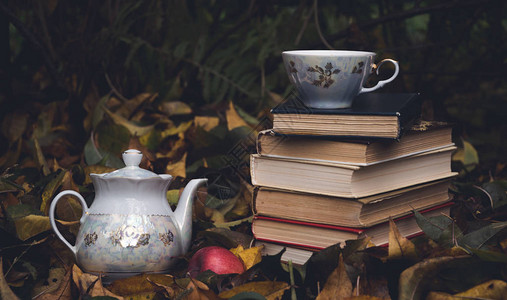 一杯热茶旧书和落叶图片