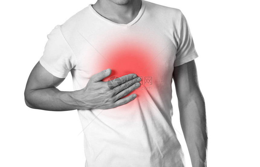 男人捂着胸口胸痛胃灼热壁炉以红色突出显示特写在白图片