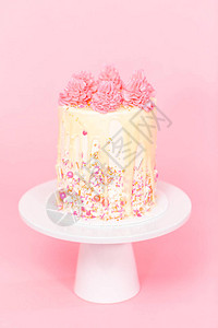 粉色和白色奶油蛋糕有粉色喷洒和白巧克图片