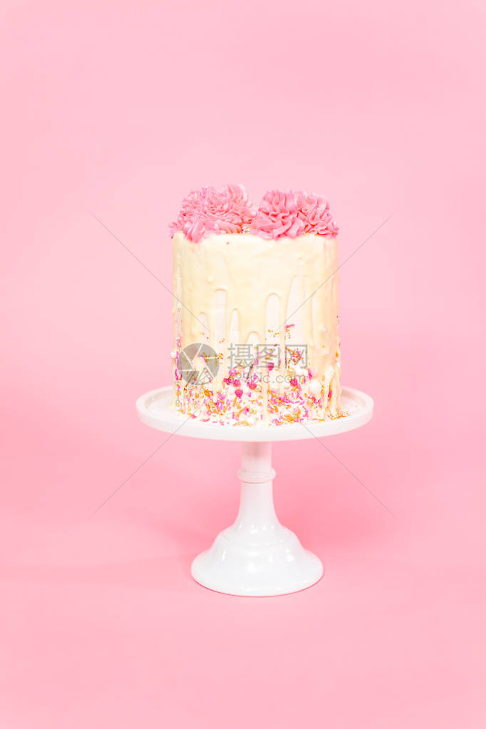 粉色和白色奶油蛋糕有粉色喷洒和白巧克图片