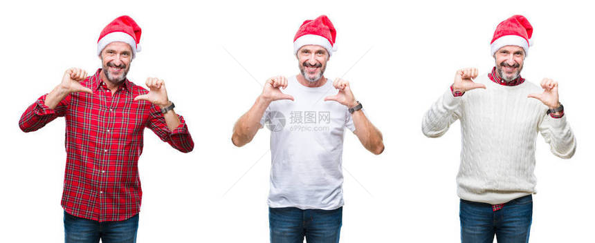 穿着圣诞帽的英俊高尚级礼仪男子在孤立的中聚首一堂满怀自信图片