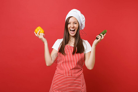 家庭主妇女厨师或面包师穿着条纹围裙白色T恤无边帽厨师帽图片