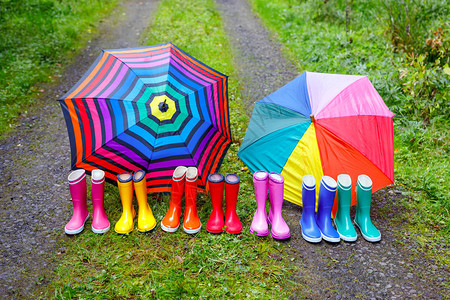 在秋天森林为学校和学龄前儿童缝合多彩的雨靴不同的橡胶靴图片
