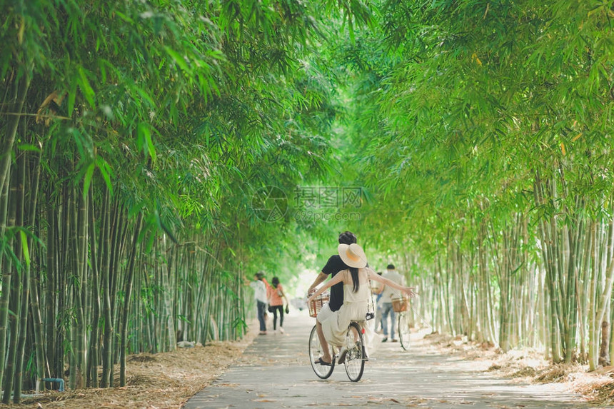 幸福情侣在竹园骑自行车图片