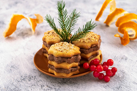 巧克力层的假日饼干甜点很美绿色树枝红莓菜卷发橙皮图片