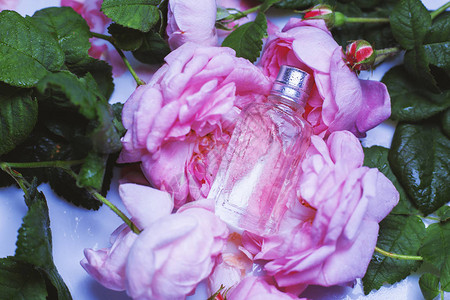 一小瓶粉红色花朵的香水图片