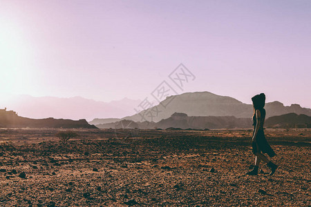 以色列沙漠蒂姆纳的美丽年轻女子日落时的岩图片