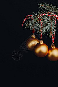圣诞节和新年礼品卡firtree的树枝和黑色彩蛋金球装图片