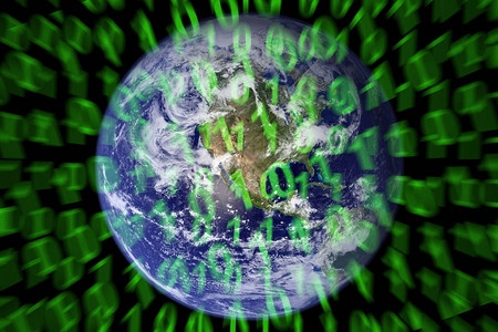 地球黑色背景上的绿色二进制代码技术美国宇航局提供的这图片
