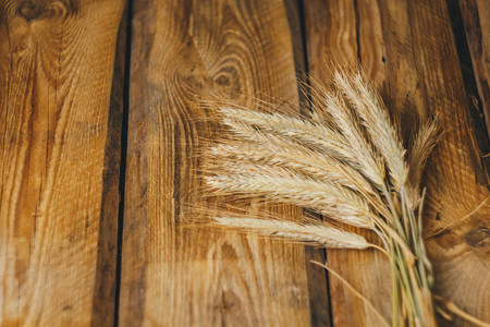 木制背景上的小麦或黑麦小穗图片