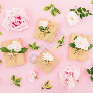 花朵由玫瑰花和礼物盒组成图片