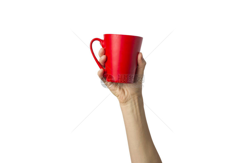 女手握着红色杯子和热咖啡或茶叶的白色背景咖啡休图片