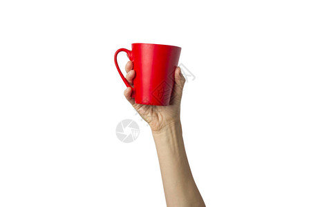女手握着红色杯子和热咖啡或茶叶的白色背景咖啡休图片