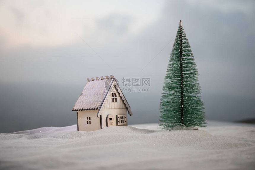 圣诞节和的微型房子在阳光下的雪地里雪地上的小玩具屋与树节日圣诞节装饰节日图片