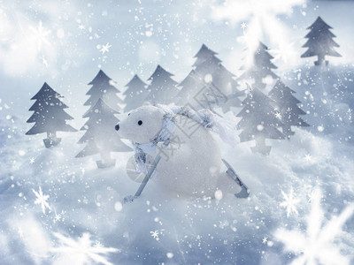 快乐的白熊在神奇的圣诞节森林中冬季贺图片