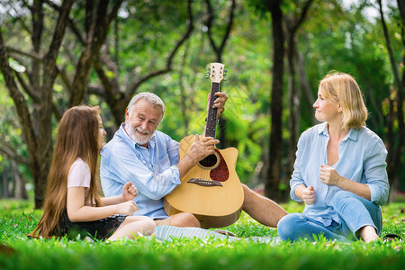快乐的家庭在夏天坐在公园里弹吉他和唱歌音乐家图片