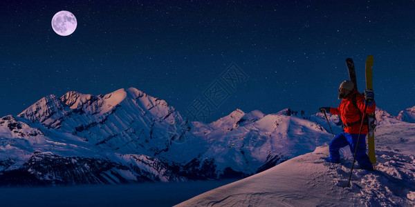 瑞士阿尔卑斯山区CransMontana山脉的夜间日落风景图片