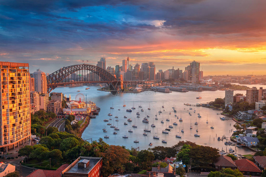 悉尼澳大利亚悉尼的城市景象日落时有港图片