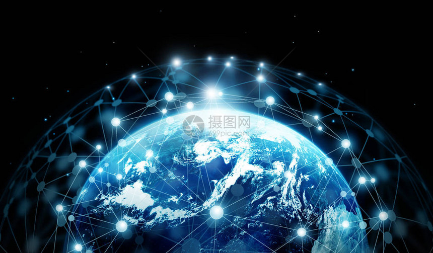 蓝色地球上的网络连接和全球数据交换图片
