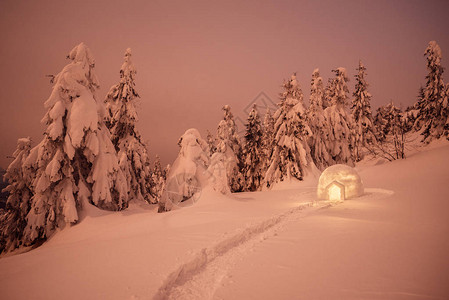 与爱斯基摩冰雪的夜间冬季风景雪中图片