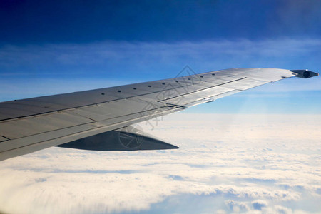 与一架飞机的翼早晨日出照片适用于旅游经营者添加文本消息或框图片