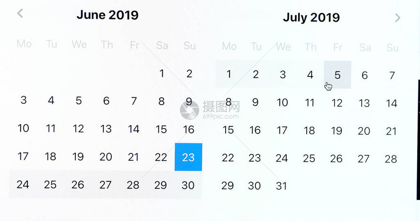 带有虚拟日历的在线酒店预订出发日期和到达日期关闭计算机显示图片