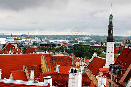 塔林市的鸟瞰图有明亮的屋顶塔林港口和圣灵教图片