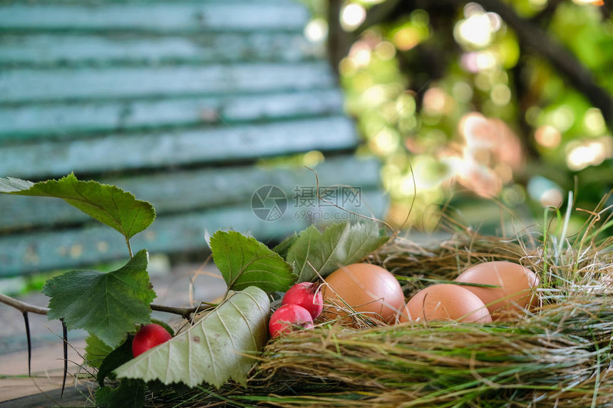 一个家庭农场的3个鸡蛋和一个木凳上图片