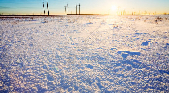 田野里的雪和地平线上升起的太阳图片