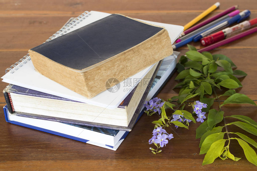 书本字典笔记本用于研究背景木头上紫花图片