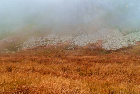 高山秋天风景云雾隐藏着高山草地石图片