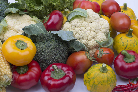 新鲜采摘的有机蔬菜来自辣椒西红柿花椰菜的Vegan模图片