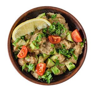 苋菜种子沙拉配蔬菜在白色背景上孤立的粘土碗中饮食素菜平躺图片