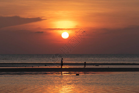 美丽的热带沙滩日落金光背景图片