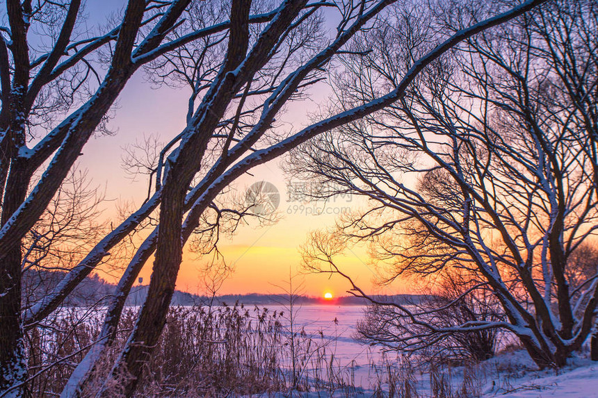 日落冬季景观与紫罗兰色和粉红色的白雪覆盖的湖泊美丽多彩的冬季日落与结冰的湖面和落日的天空冬季公图片