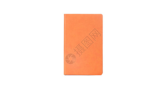 橙色PU议程日记笔本与笔筒隔离在白色背景在文具中图片