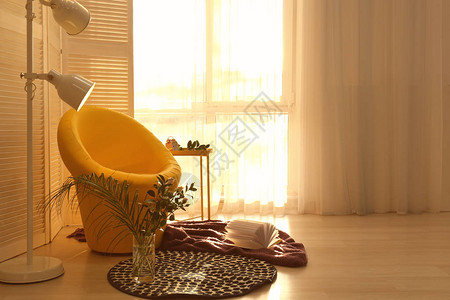 舒适的休息场所用扶手椅和软盖在房间窗图片