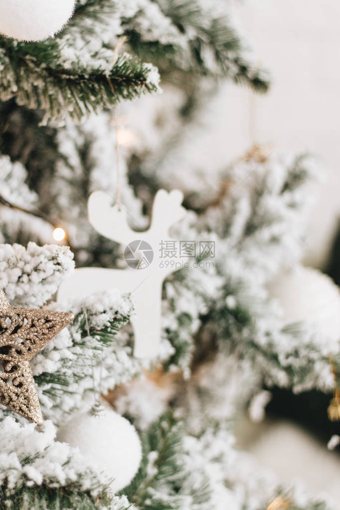 用白雪皑的树枝装饰圣诞树图片
