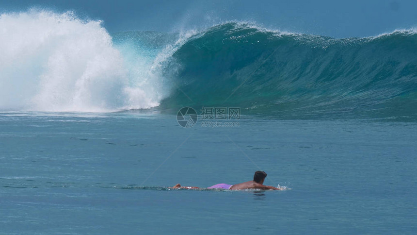 看着海浪滚向热带岛屿冲浪板划向大桶波积极度假的图片