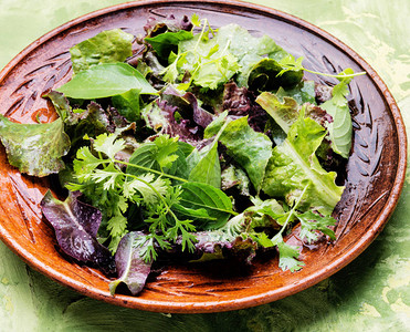 新鲜沙拉盘加混合绿菜图片