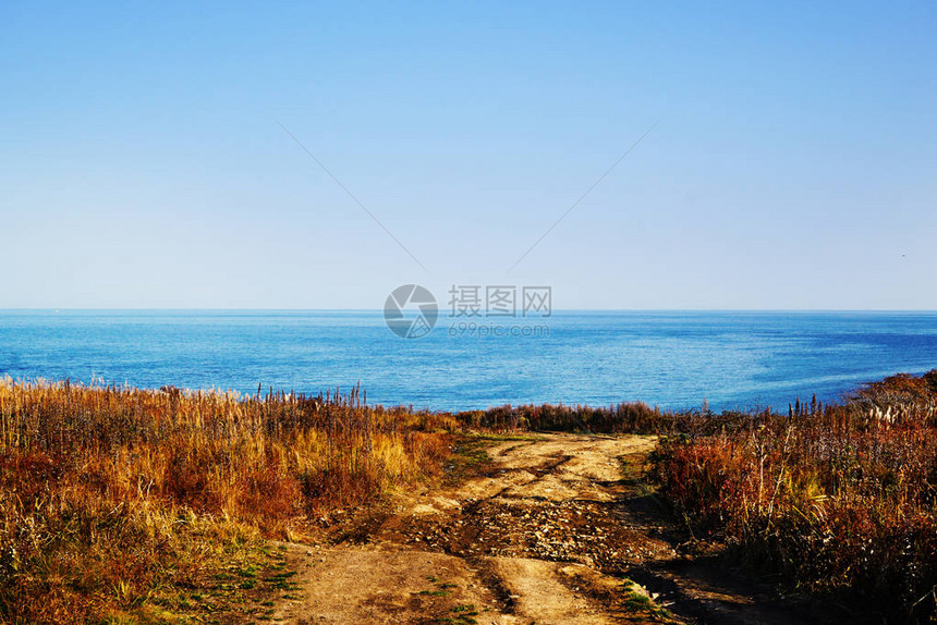 在海全景对面的野地草本中间的乡间小路的尽头是悬崖俄罗斯东部图片