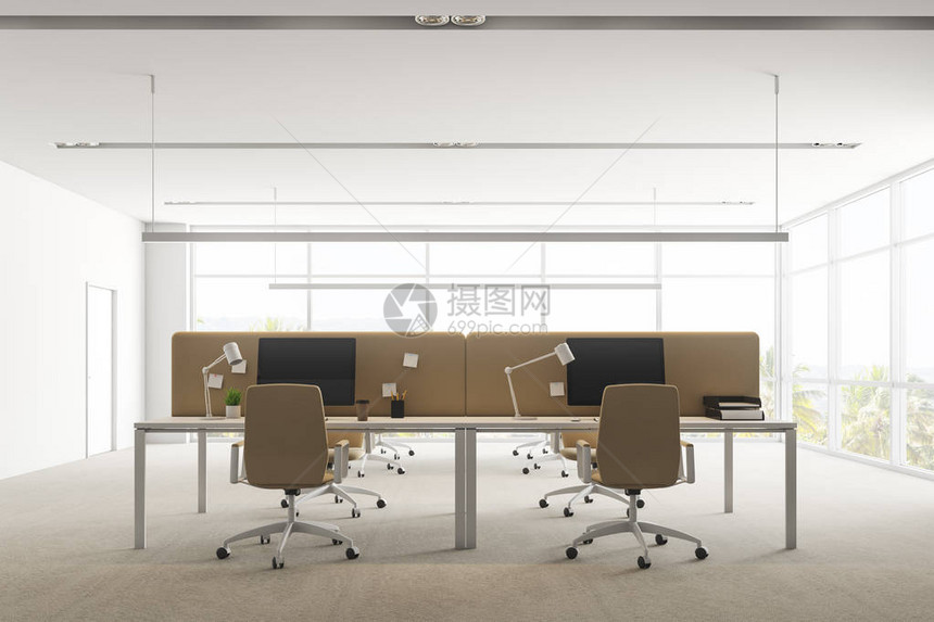 现代办公室内部有白色墙壁全景窗户混凝土地板以及白桌和有椅子的米格电脑图片