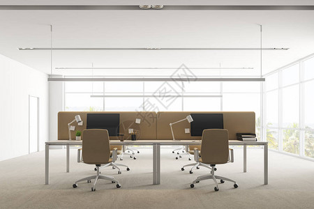 现代办公室内部有白色墙壁全景窗户混凝土地板以及白桌和有椅子的米格电脑图片