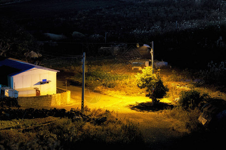 夜视着一栋小乡下房子被街灯照亮周围图片