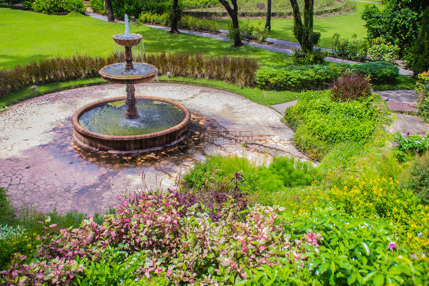 带喷泉的绿色夏季公园花城市公园绿草场和喷泉的公共图片