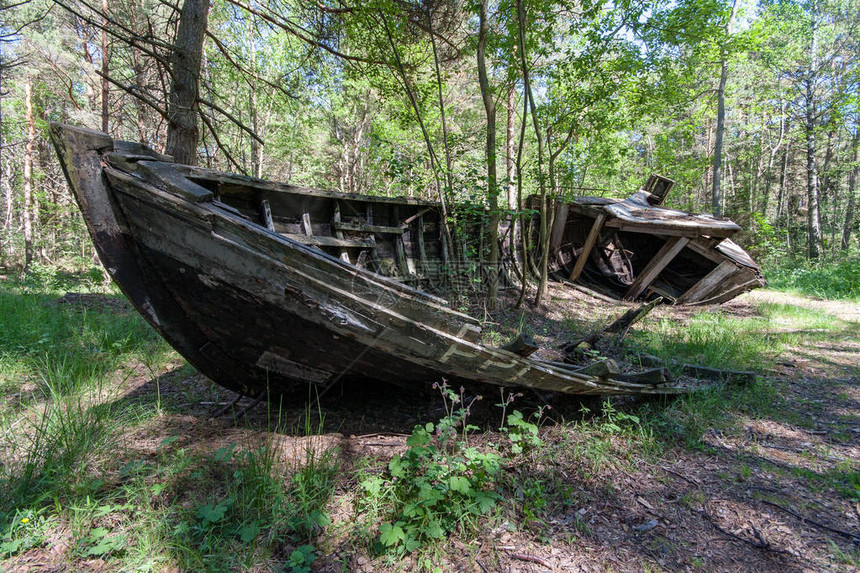 夏天里废弃的旧木船图片