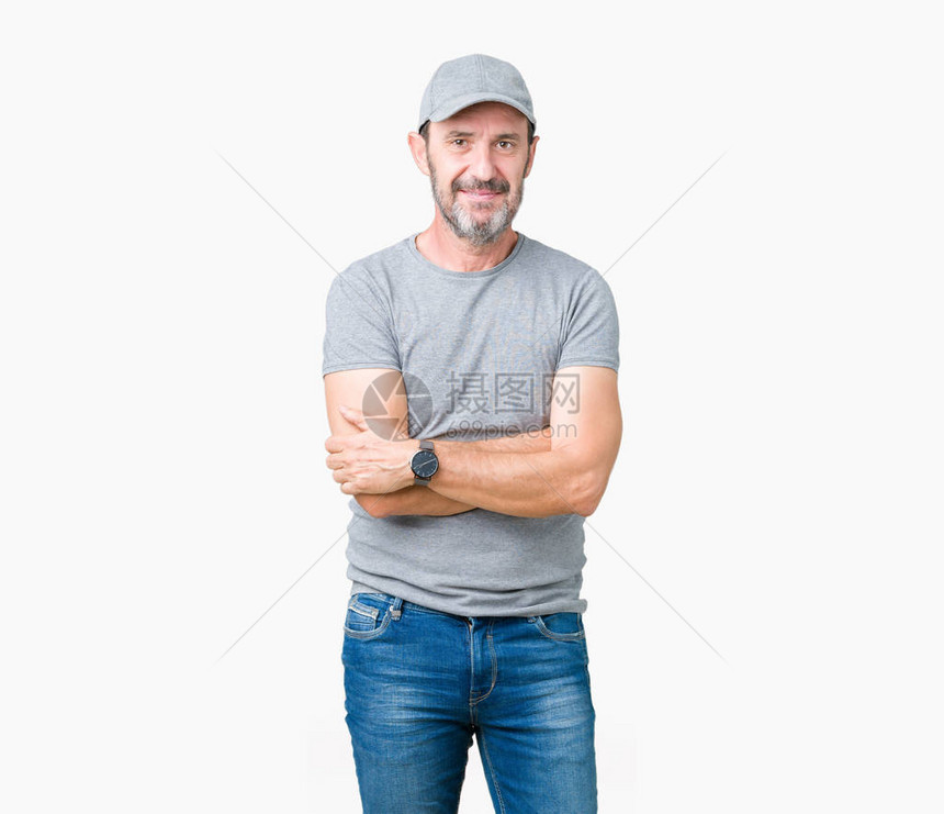 穿着体育帽身着孤立背景的帅气中年高龄男子带着运动帽图片