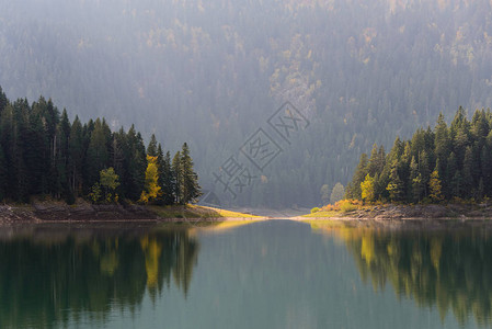 黑山秋季树叶中风景山林和湖泊的采样山图片